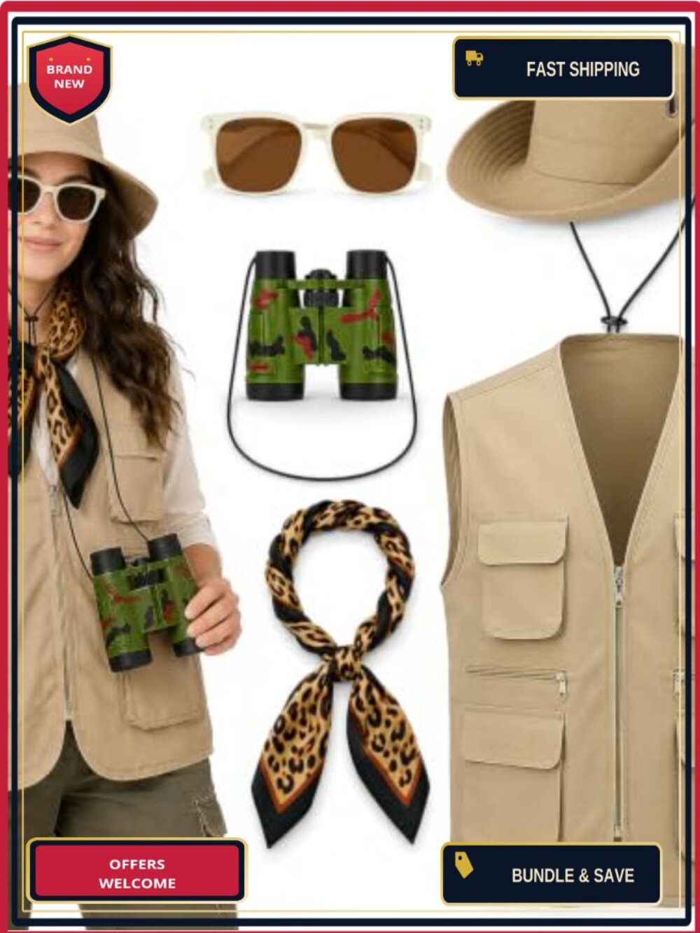 Women's Safari Costume Set Explorer Zoo Keeper Outfit with Vest Hat Scarf